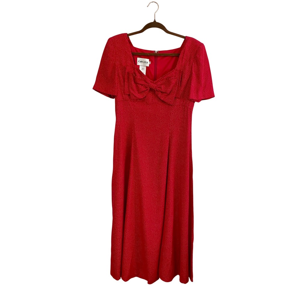 Vintage Joan Leslie Red Polka Dot Bow Dress Size 12 Midi Rayon ILGWU USA Pin Up